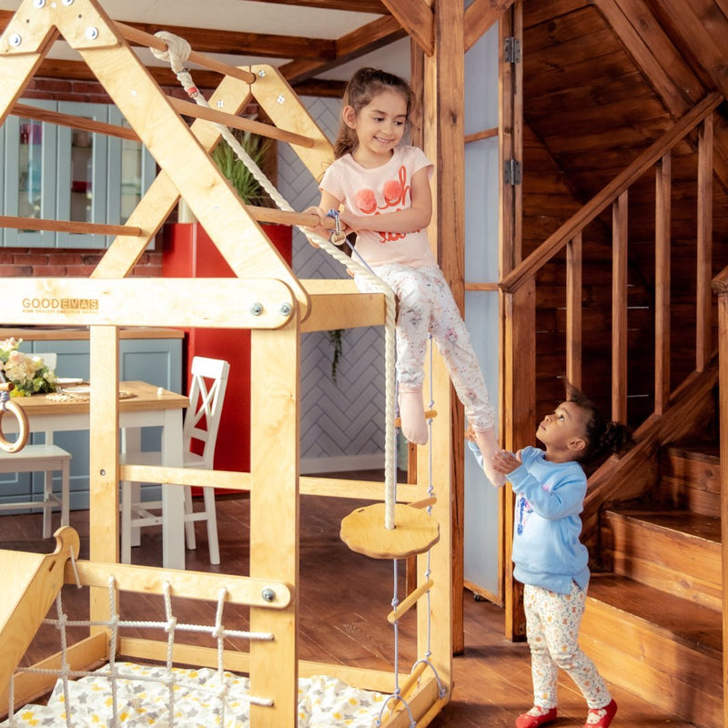 Indoor Wooden Playhouse with Triangle ladder, Slide Board and Swings-4