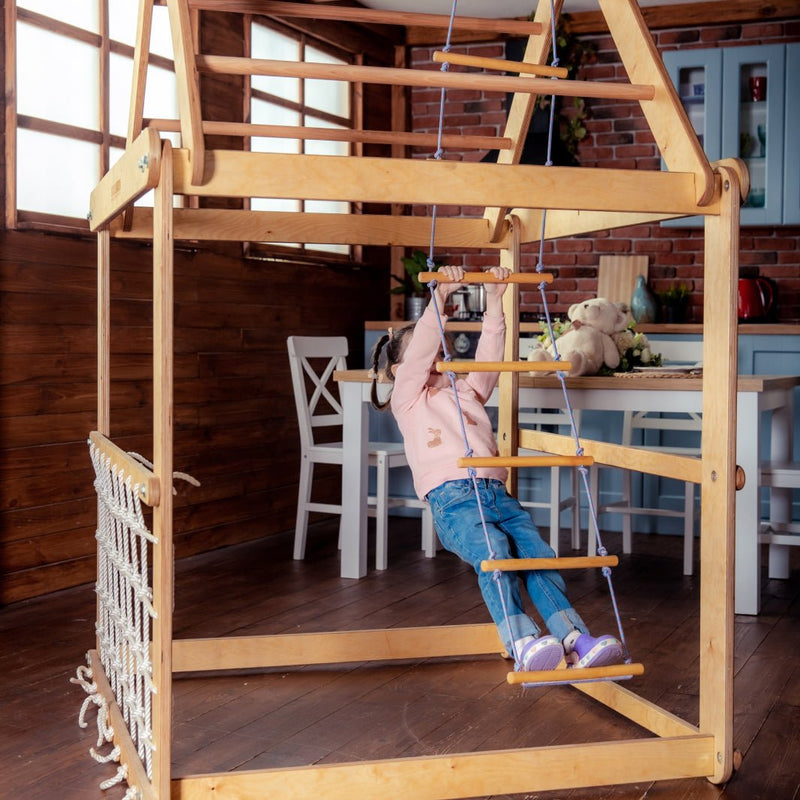 Indoor Wooden Playhouse with Triangle ladder, Slide Board and Swings-3