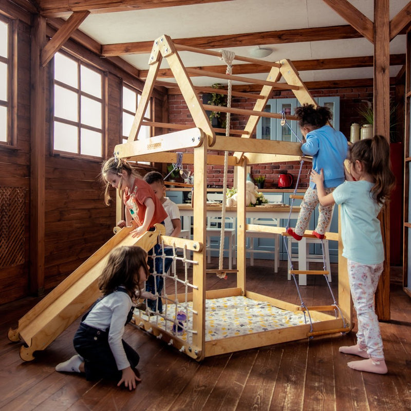 Indoor Wooden Playhouse with Triangle ladder, Slide Board and Swings-2